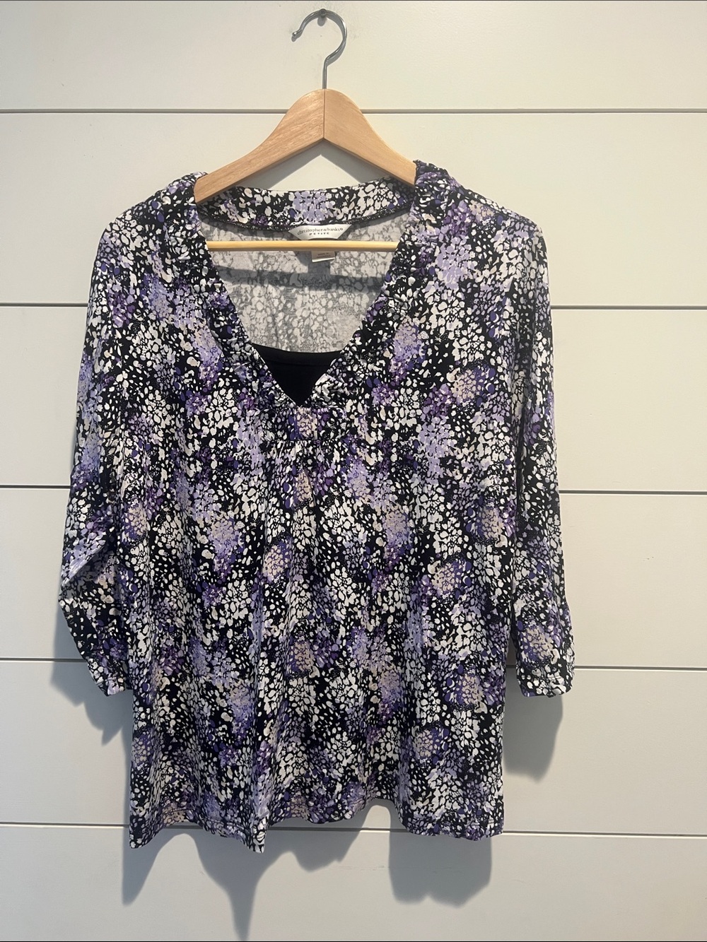 Christopher & Banks Black and Lavender V-Neck Floral Print Blouse